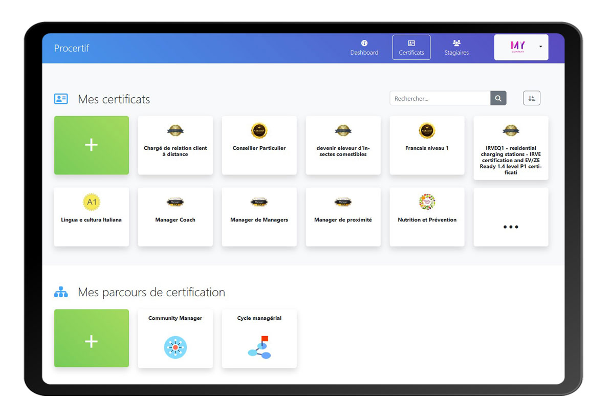 Capture d'écran Procertif - Certificats